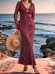 SHEIN VCAY 女式佩斯利复古印花 V 领长袖半透明连衣裙 - 紅色 - 查看 3