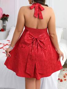 Flirla Vestido rojo de talla grande para mujer con escote halter, espalda abierta y estampado de flores en jacquard para el Día de San Valentín