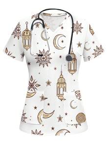 PopScrub Casual Minimalist Star & Moon Pattern Women's Scrub Uniform Top - White - View 1