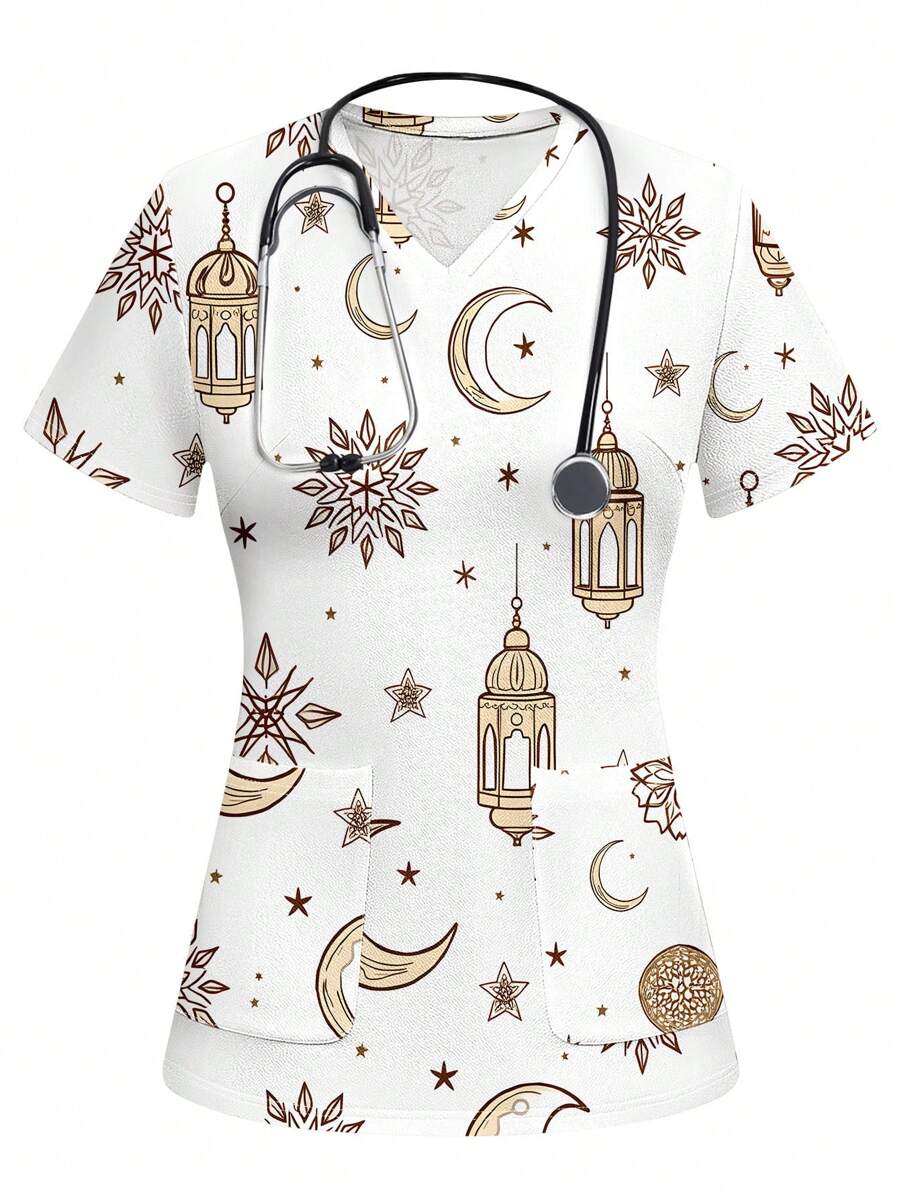 PopScrub Casual Minimalist Star & Moon Pattern Women's Scrub Uniform Top - White - View 1