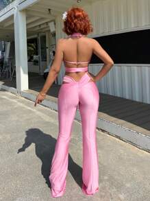SHEIN ICON 2pcs Knot Front Backless Halter Design Top And Flare Leg Pants Sexy Women Outfit