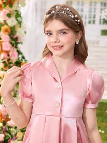 Tween 女童优雅珍珠纽扣领泡泡袖连衣裙 - 藕粉色 - 查看 4