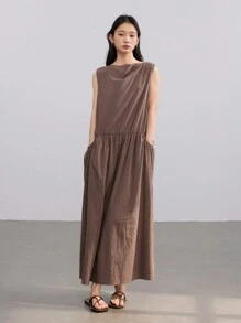 Dazy-Less Damen Einfarbiges Leinen Loose Vest Design Patchwork Midi Kleid Business Lässig