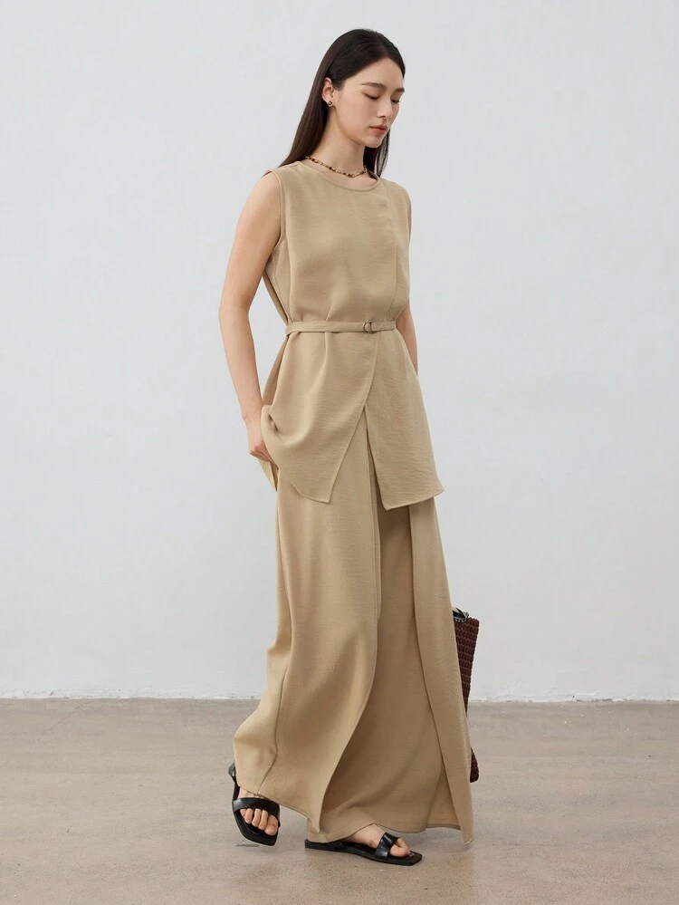 Simple Business Casual Solid Color Cinched Waist Asymmetric Patchwork Split Straight Leg Pants & Suit Set For Women Old Money,Women Two Piece Sets