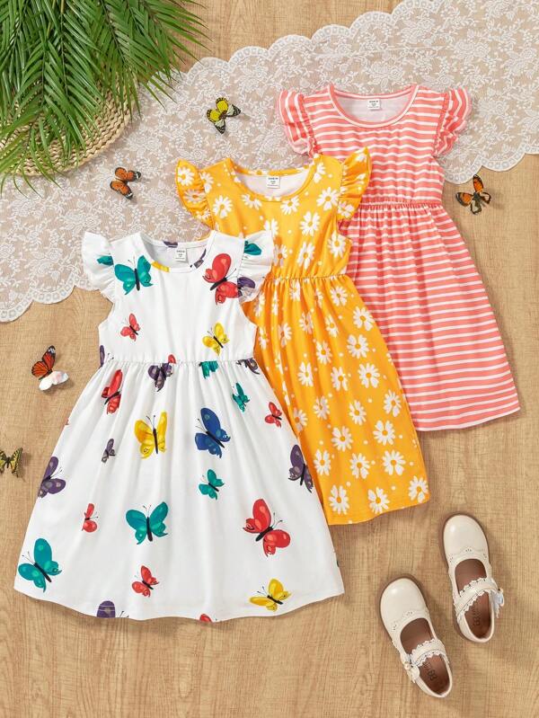 SHEIN 3pcs/Set Girls Young Girl Cute Butterfly, Floral, Striped Print Round Neck Cap Sleeve Dress, Fashion Casual Summer