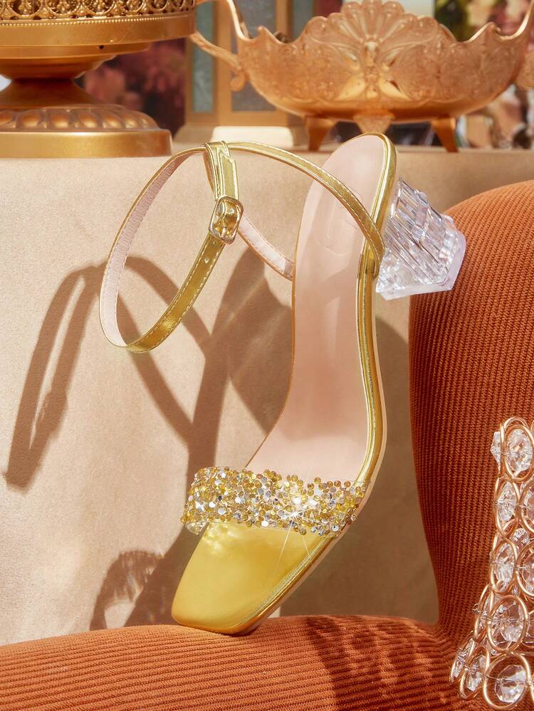 CUCCOO TILAWA Women's Fashion Crystal Heel Glass Rhinestone Rhinestone High Heel Sandals, Suitable For Going Out, Parties And Events Summer Shoes