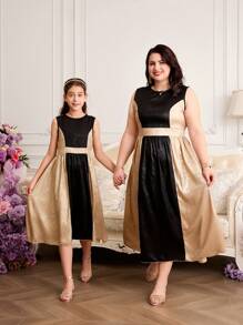 SHEIN Vestido de Veludo Preto e Dourado com Emenda de Plus Size para Mulheres, Gola Redonda, Sem Mangas, Cinto, Bainha em A, Estilo Elegante Adequado para Festa e Ocasiões, Verão (Conjuntos Combinando Mamãe e Eu, 2 Peças Vendidas Separadamente) - Vinho - Visão 3