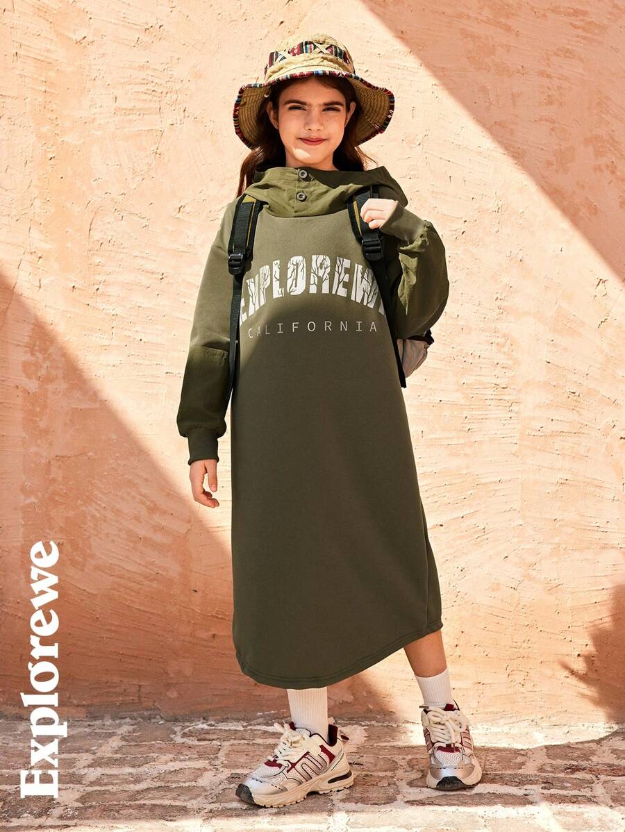 SHEIN Tween Girl 字母印花长袖连帽休闲连衣裙