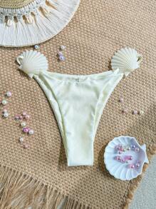 Swim SXY Quần bikini dây trơn màu dành cho nữ, Quần bơi, Đồ đi biển mùa hè, Lễ hội Boho - Màu be - Xem 5