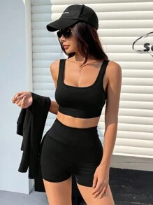 SHEIN EZwear Black Elastic Knit Tight Yoga Sports Vest And Shorts Set For Women