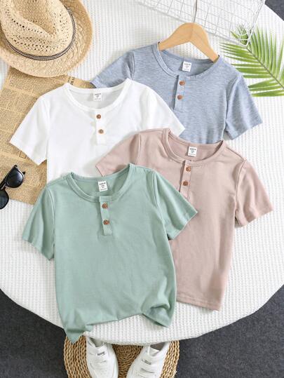 SHEIN 男童 4 件套休闲时尚 T 恤，柔软纹理面料，木质纽扣细节，短袖圆领，4 种颜色，适合日常穿着、居家、户外、学校 - 春夏季