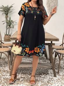 EMERY ROSE Plus Size Women Floral Print Patchwork Round Neck Short Sleeve Casual A-Line Mini Dress For Summer