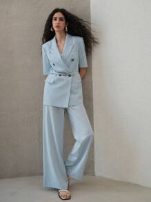 MOTF PREMIUM 条纹双排扣短袖西装外套、系腰带西装外套、工作服、春夏