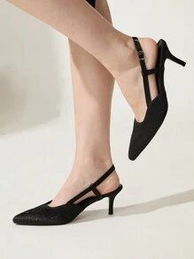 CUCCOO CHICEST 女士镶钻尖头细高跟中跟优雅浅口鞋，缎面高跟鞋，适合派对、约会、正式场合，黑色春假复活节舞会高跟鞋