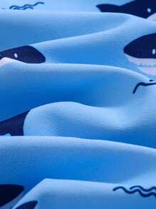 SHEIN 2pcs Baby Boy Summer Casual Holiday Cute Knit Cartoon Shark Print Rash Guard Swimsuit And Sun Hat Set, Suitable For Beach, Hot Spring And Swimming