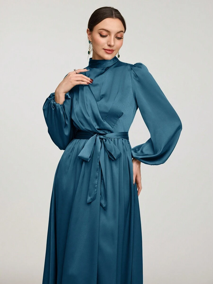 Veilorie 女士纯色立领灯笼袖优雅阿拉伯朴素长袖连衣裙长款晚礼服 - 水鴨藍 - 查看 1