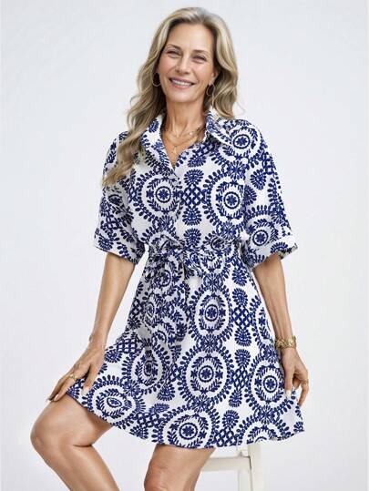 SHEIN LUNE 女士休闲全印花前纽扣中长连衣裙，适合节日穿着