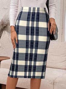 EMERY ROSE Women Plaid Elastic Waist Casual Pencil Skirt - Khaki - View 1