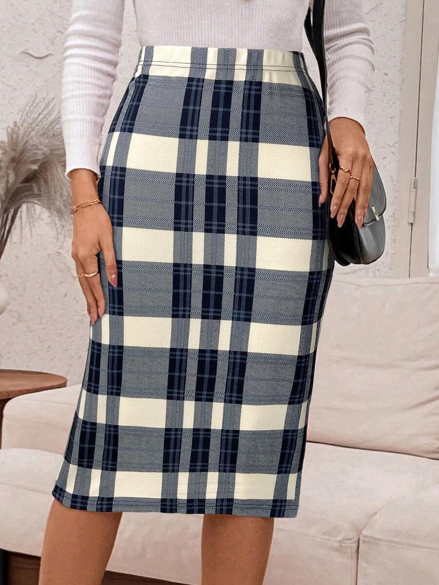 EMERY ROSE Women Plaid Elastic Waist Casual Pencil Skirt - Khaki - View 1