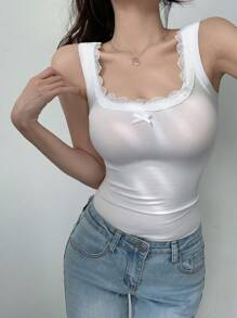 DAZY Casual Solid Color Lace Trim Bowknot Decor Tank Top