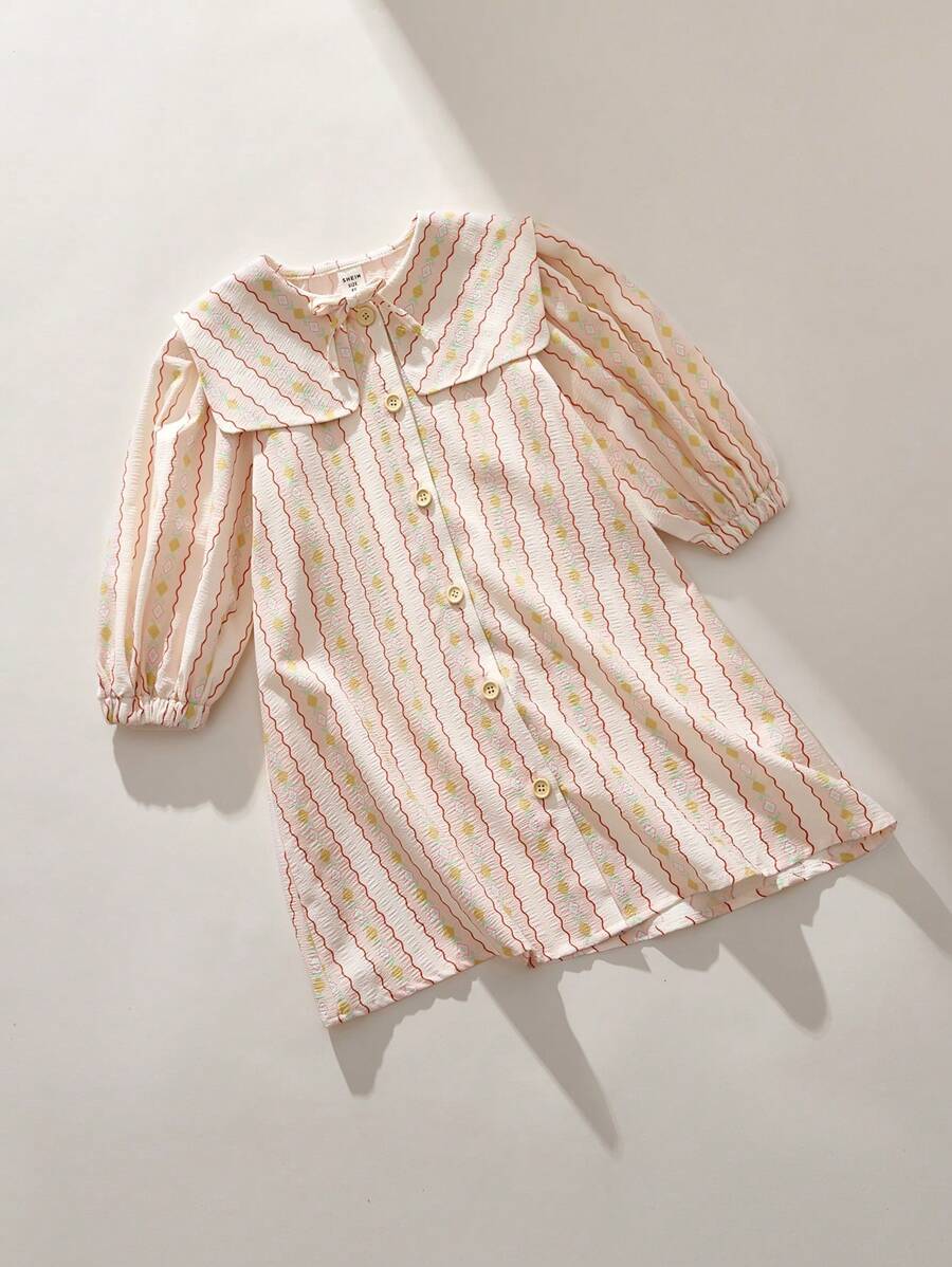 SHEIN 年轻女孩度假休闲条纹几何印花泡泡袖连衣裙 - 粉色 - 查看 1