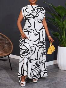 Slaydiva Plus Size Women Abstract Face Line Art Print Sleeveless Casual Dress - Multicolor - View 4