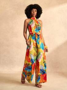 Slaydiva Combinaison pour femmes avec imprimé feuilles oranges colorées, col montant, bretelles halter, sans manches, jambes larges extra-longues, section de taille avec nœud papillon. Pour les vacances à la plage, nouveau printemps et été.