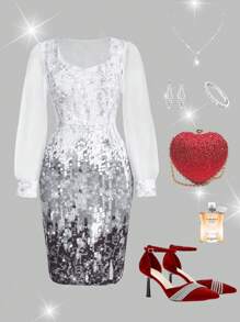 Ellevyn Plus Size Fashionable Party Mesh Contrast Faux Pearl Printed Bodycon Dress