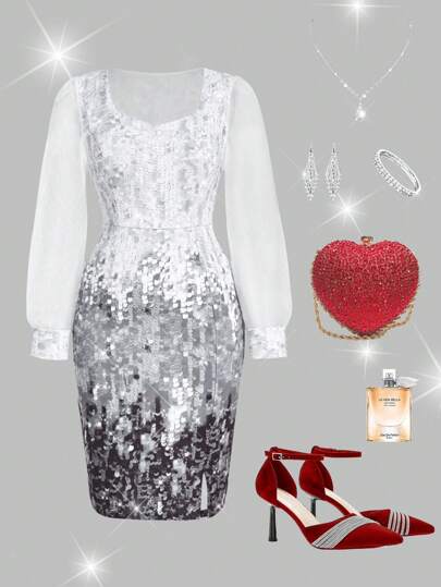 Ellevyn 大码时尚派对网眼撞色仿珍珠印花紧身连衣裙