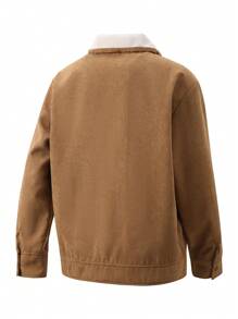 Manfinity Homme Men Plus Size Color Block Collar Long Sleeve Single-Breasted Jacket , Corduroy, Thermal Lined Jacket - Khaki - View 2