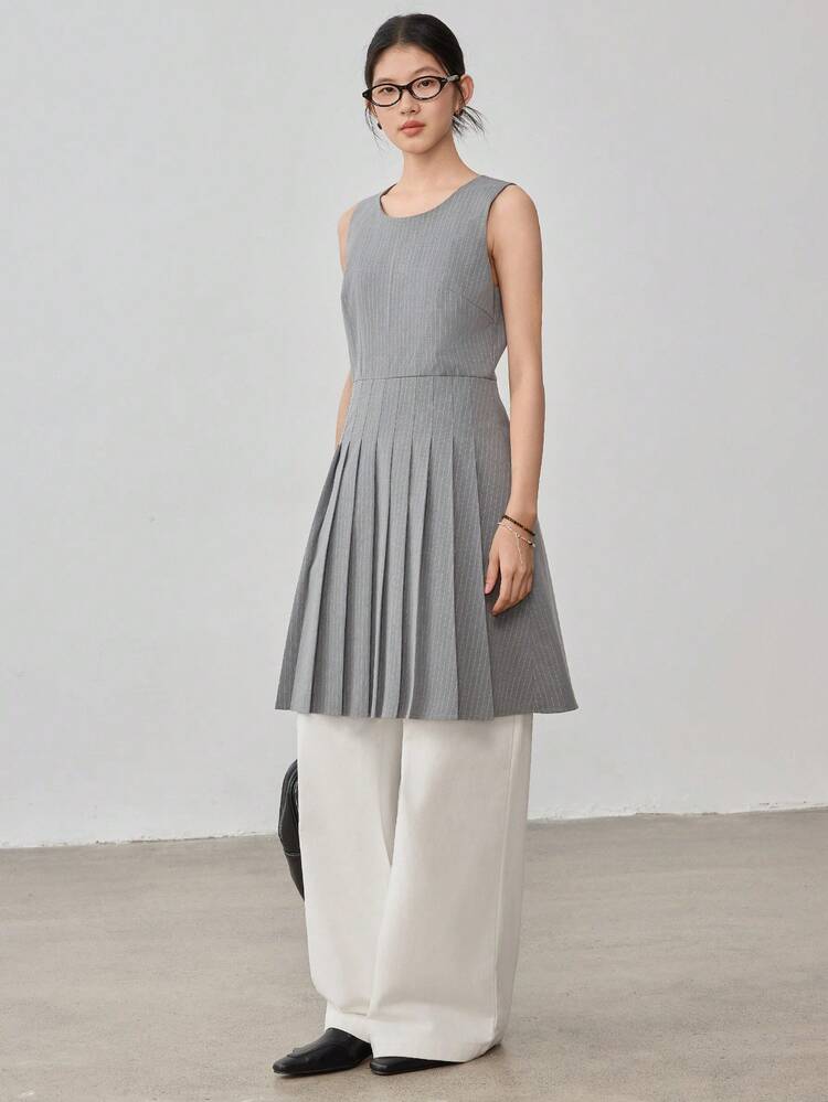 Stylish 3D Cut Waist Pleated Striped Casual Mid-Calf Dress For Women Sundress Business Casual Woman Work Clothes