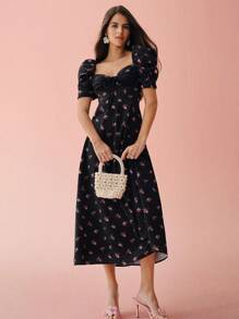 Enchnt Váy dài tay bồng ngắn in họa tiết chấm bi và hoa hồng dễ thương mùa xuân/hè lãng mạn cho nữ, ngọt ngào và thanh lịch cho ngày lễ và ngày hẹn hò ngọt ngào và đi làm hàng ngày - màu đen - Xem 6