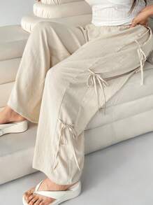 Solflare Plus Size Apricot Straight Leg Casual Pants, Minimalist Fashion For Everyday Wear For Summer