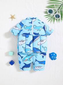 SHEIN Đồ bơi in hình cá mập và cá heo dễ thương cho bé trai mùa hè, thích hợp đi biển, hồ bơi, spa - Nhiều màu - Xem 2