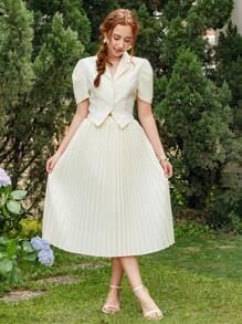 SHEIN WESTFADE Young Teen Girl Double-Breasted Ruffle Sleeve Short Jacket And Ruched Mid-Length Skirt 2 Pieces Set