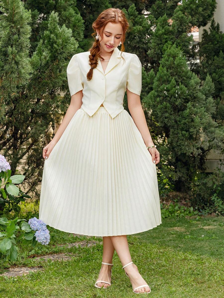 SHEIN WESTFADE Young Teen Girl Double-Breasted Ruffle Sleeve Short Jacket And Ruched Mid-Length Skirt 2 Pieces Set