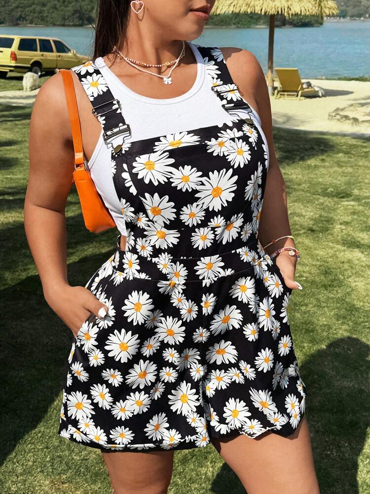 Flirla Plus-koon naisten päivänkakkarakuvioiset rennot bib-shortsit - Monivärinen - Näytä 3