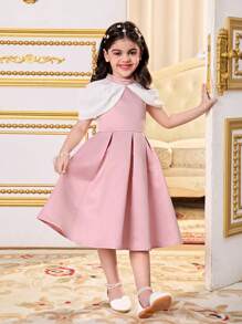 SHEIN Đầm dệt kim dáng chữ A cổ đứng phối màu tương phản cho bé gái, thích hợp cho kỳ nghỉ gia đình, dễ thương, thanh lịch và thời trang, dự tiệc, sinh nhật, công chúa xinh đẹp, mẹ và con gái, chị em gái mặc đồ đôi. Mùa xuân hè. - Hồng - Xem 3