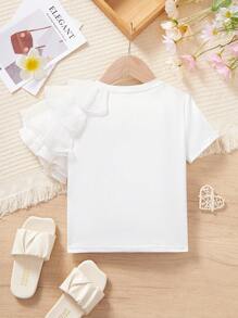 SHEIN Kleine Mädchen Einfarbig Süßes Kleine Mädchen Muster Patchwork Rüschen Saum Lässig T-Shirt - Weiss - Übersicht 2
