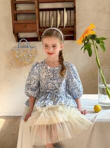 LMoss Kids LMoss  Young Girls' Ditsy Floral Round Neck Puff Sleeve Fitted Casual Blouse,Suitable For Spring And Summer - Multicolor - View 1