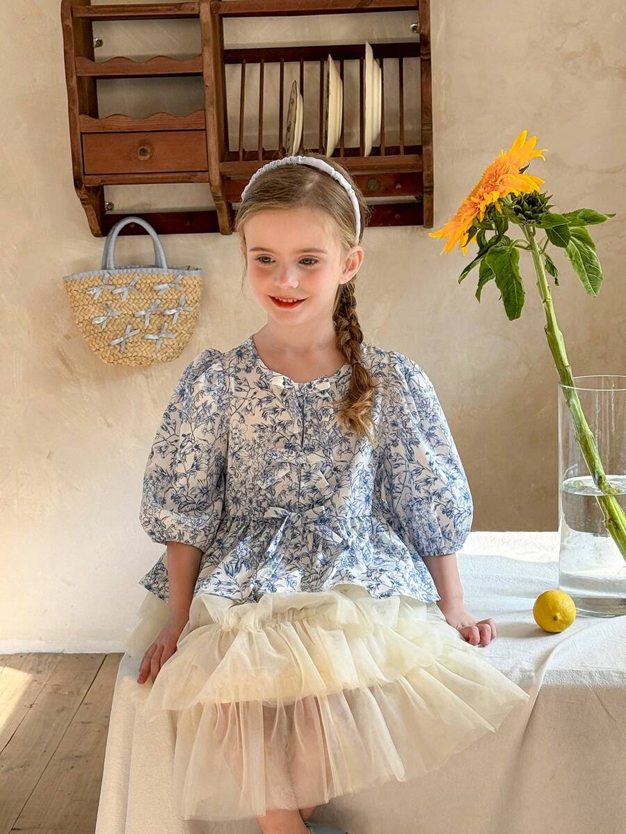 LMoss Kids LMoss  Young Girls' Ditsy Floral Round Neck Puff Sleeve Fitted Casual Blouse,Suitable For Spring And Summer - Multicolor - View 1