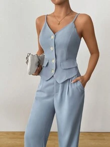 SHEIN Clasi Women Summer Office Lady Elegant Chic Haze Blue Camisole + Haze Blue Straight Leg Suit Pants - Blue - View 4