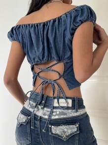 SHEIN Essnce Women's Casual Denim Top, Fashion And Stylish For Everyday Wear, Summer /Summer/Summer/Cute Summer Tops, Festival/Festival, Rave/Concert Women/Country Concert/Rave/Rave Summer For Woman - Blue - View 1