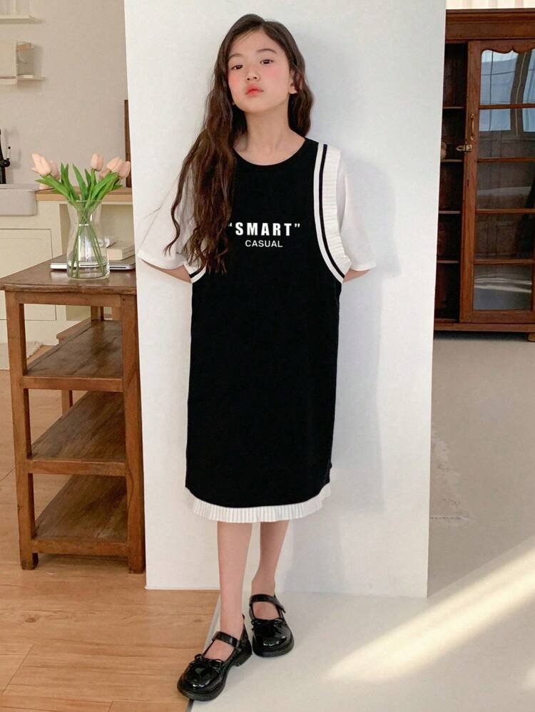 Tween Girls Casual Letter Print 2 In 1 Dress, Tween Girl Fall Fashion,Back To School Clothes