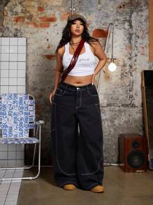 SHEIN ICON 大码女式喇叭腿休闲牛仔裤，带外露缝线 - 黑色 - 查看 6