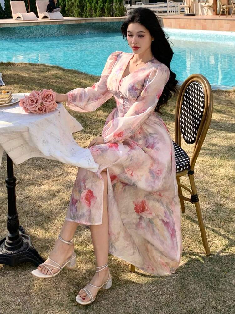 Vestido Casual Midi Feminino, Simples e Elegante para Uso Diário, Vestido Longo de Manga Longa Floral Boho para Outono