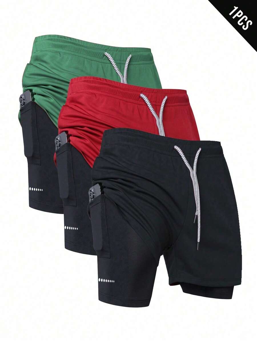 Manfinity Sport Corelite 男士纯色前系带双层休闲运动短裤 - 黑色 - 查看 1