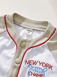 SHEIN Boys' Blue Floral Print Contrasting Raglan Sleeve Open Front Shirt, Sporty Style, Spring, Outdoor - Khaki - View 6