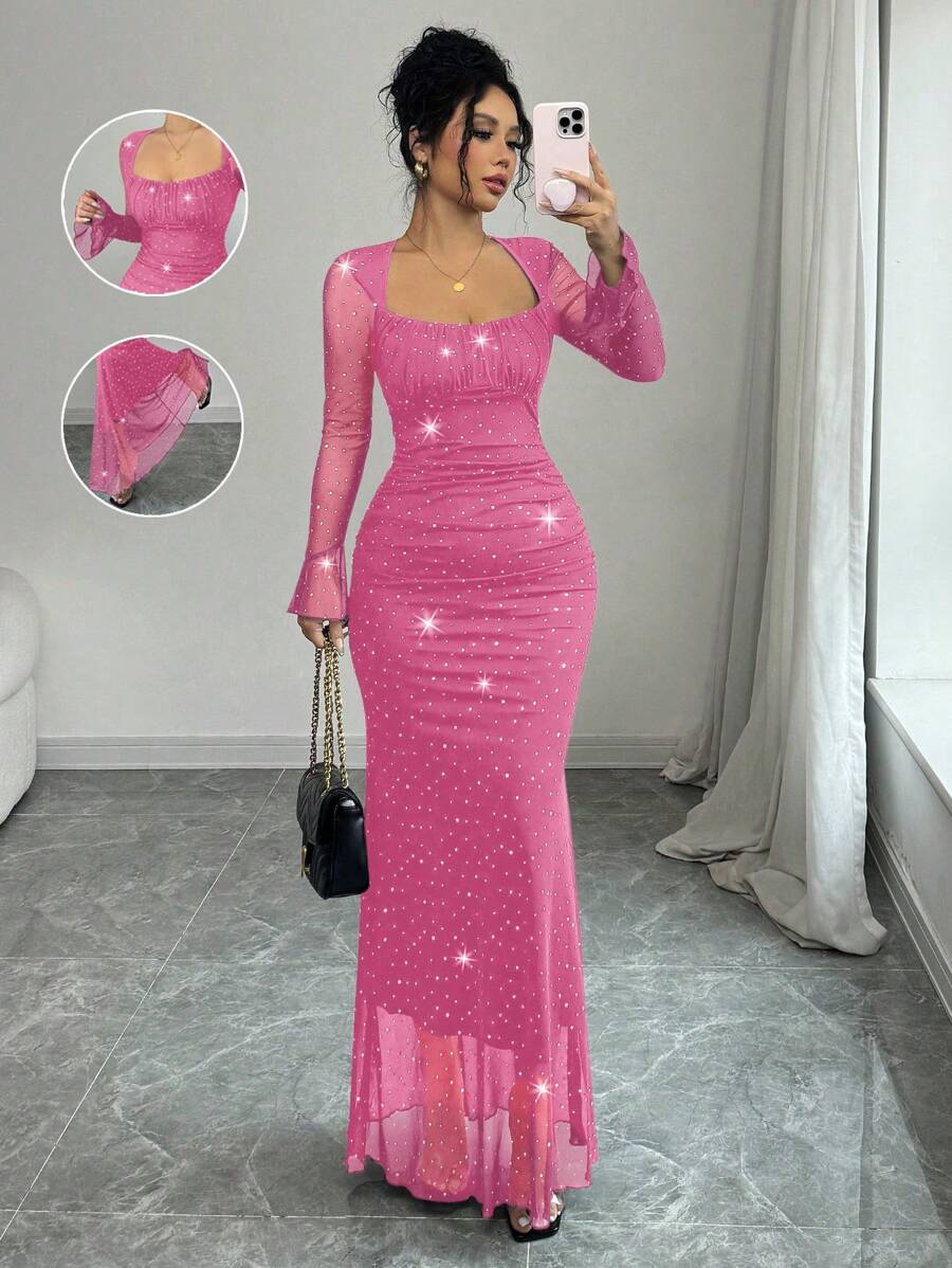 Bodycon Mermaid Contrast Color Plaid Pleated Round-Neck Midi Dresses Sweater Dresses main image 1