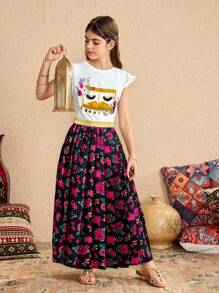 SHEIN Tween Girl Short Sleeve Top And A-Line Skirt 2pcs Set, Minimalist Fashion Casual Daily Outfit - Multicolor - View 2